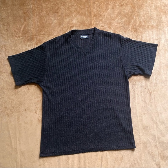 💣 VINTAGE 90s JET BLACK RIBBED V-NECK 💣 - Picture 1 of 4